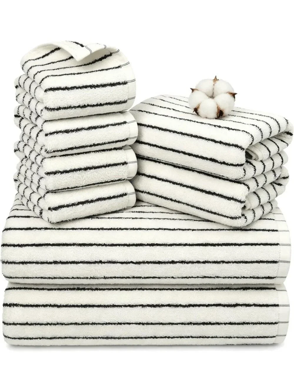 Soft 100% Cotton Striped Bath Towels Set - 8 Pack, Quick-Dry, White Color